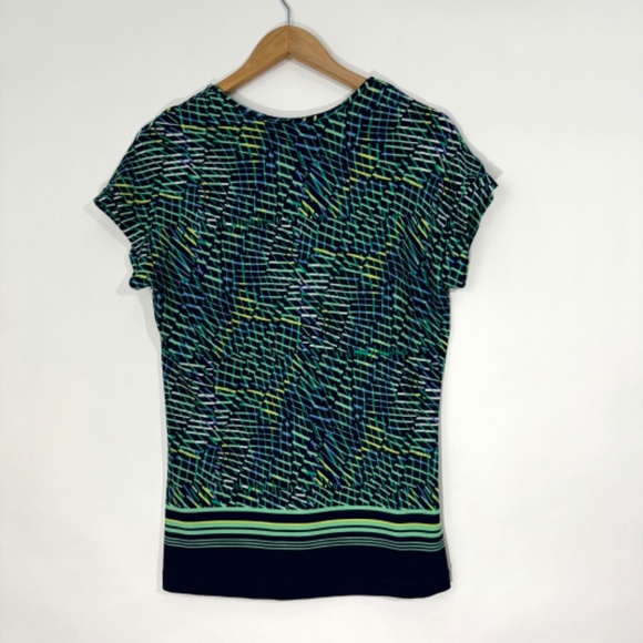 La Mode Women’s Size XL Green Black Multi Printed Short Sleeve Stretch Blouse - Picture 5 of 5